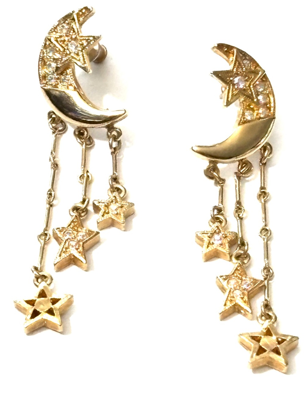Kirks Folly Vintage 90s Gold Tone AB Rhinestone Moon Star Dangle Earrings